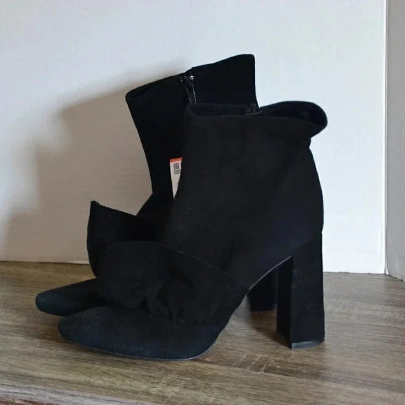Black  Suede Ruffle Booties with Block Heel - Picture 2 of 12